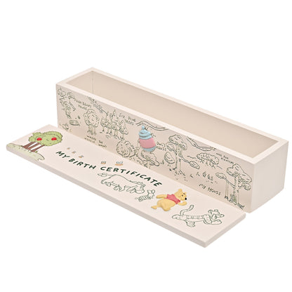 My Birth Certificate tube with Pooh and friends print, empty open-top cream case