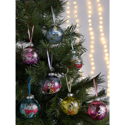 Disney Alice in Wonderland bauble set on a Christmas tree, round glass ornaments with scenes