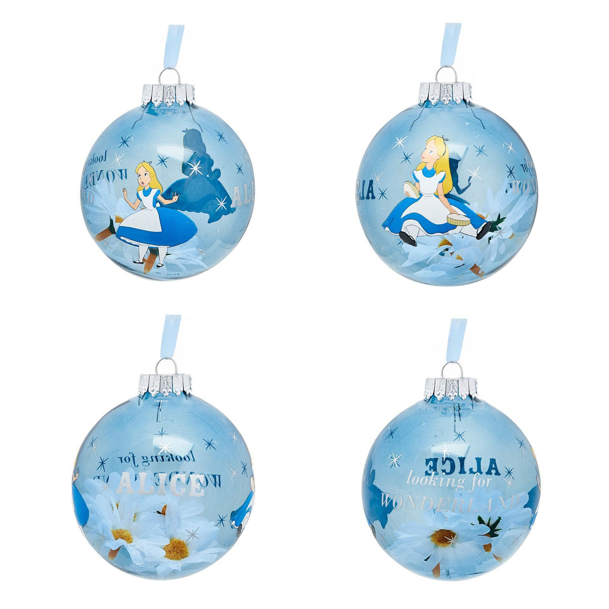 Disney Alice in Wonderland bauble set: four blue round ornaments with Alice character art