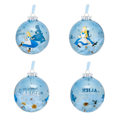 Disney Alice in Wonderland bauble set: four blue round ornaments with Alice character art