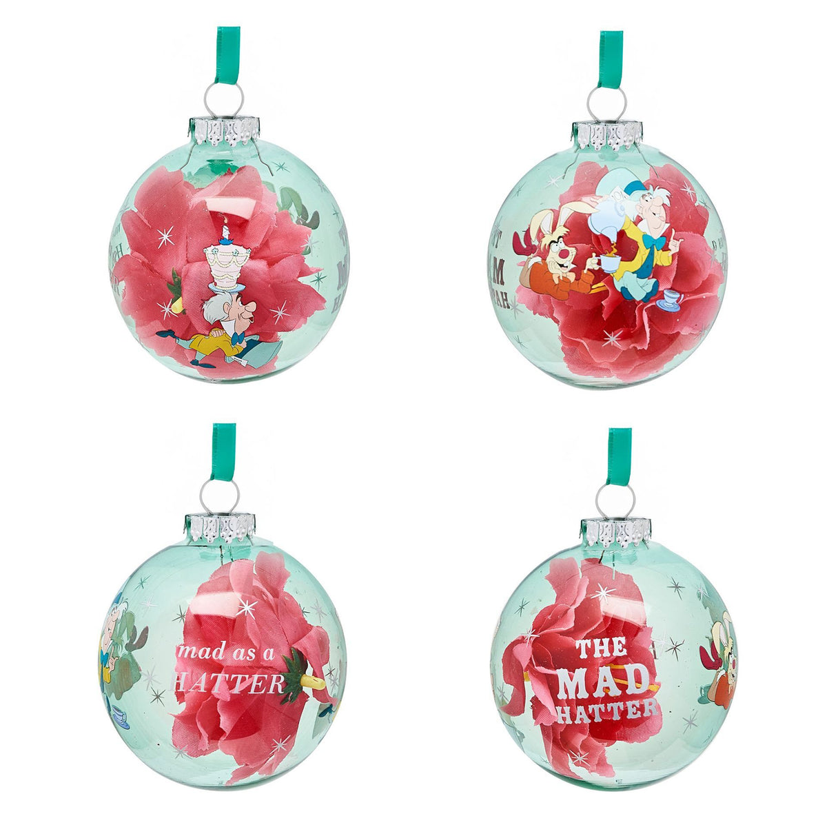 Disney Alice in Wonderland bauble set: four aqua round ornaments with roses and Hatter text