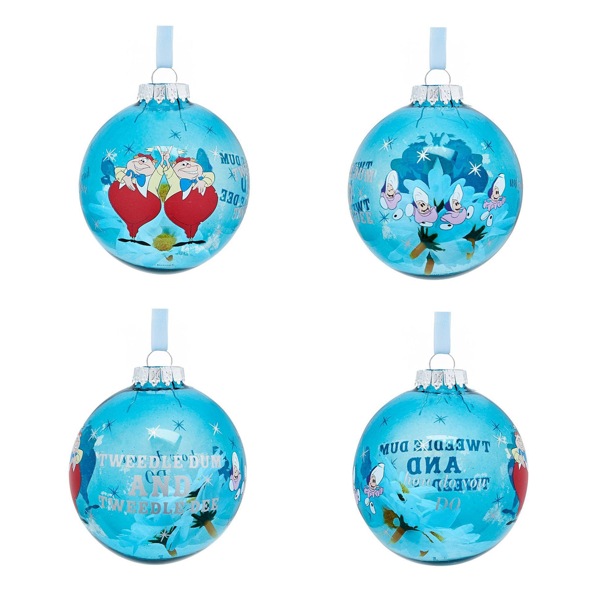 Disney Alice in Wonderland bauble set: four blue round ornaments with card crew and lettering