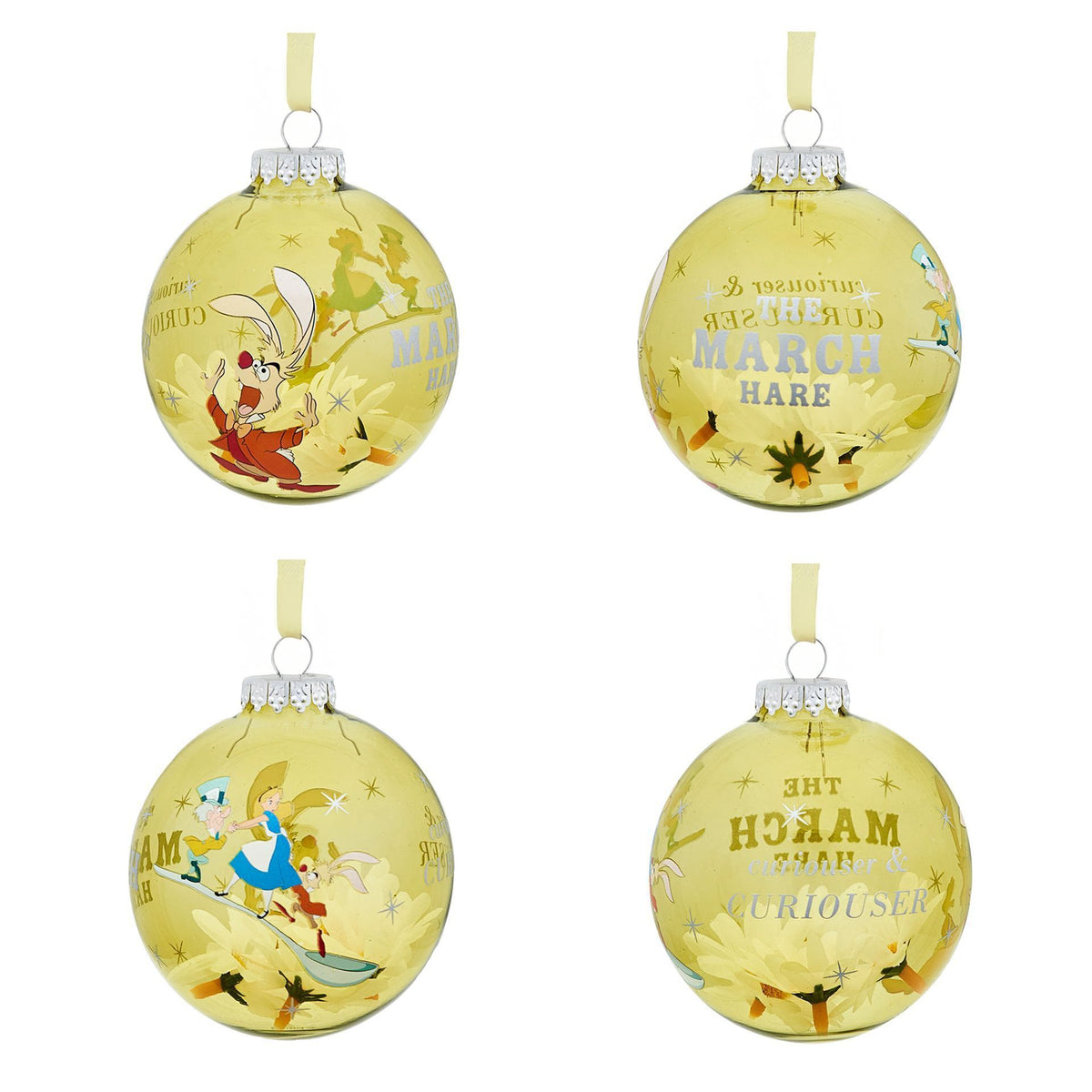 Disney Alice in Wonderland bauble set: four yellow round ornaments with whimsical characters