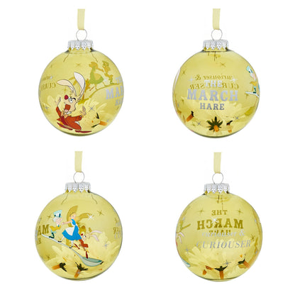 Disney Alice in Wonderland bauble set: four yellow round ornaments with whimsical characters