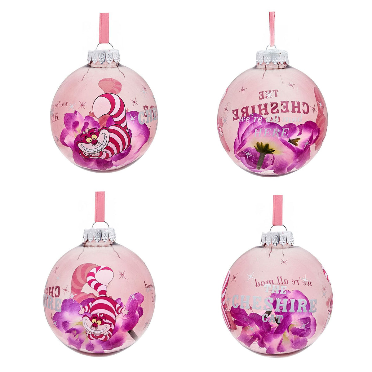 Disney Alice in Wonderland bauble set: four pink round ornaments with Cheshire Cat designs