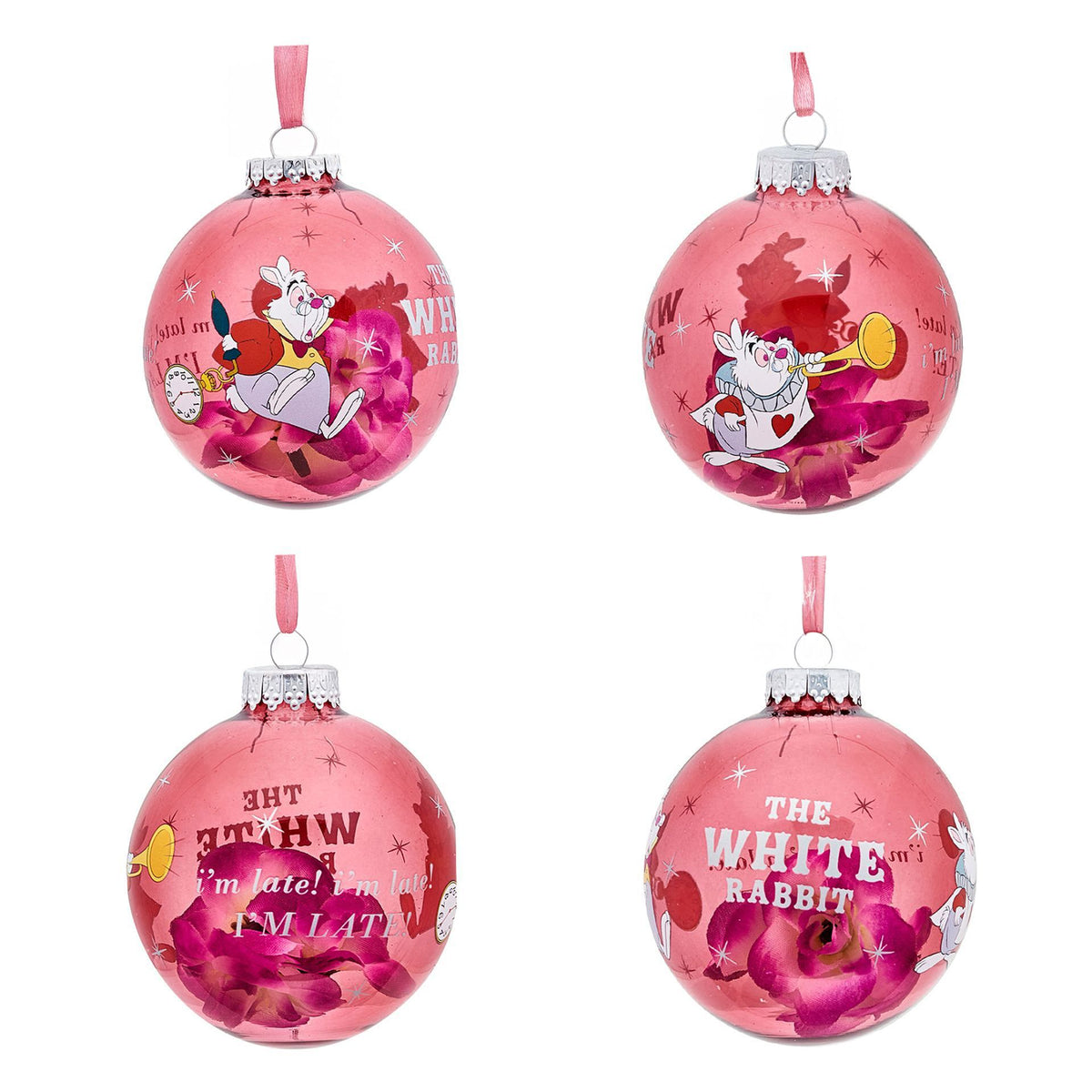 Disney Alice in Wonderland bauble set: four pink round ornaments with White Rabbit artwork