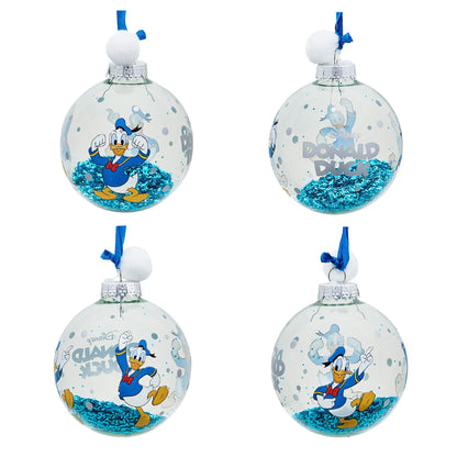Four Donald Duck character baubles with blue glitter and blue ribbon loops