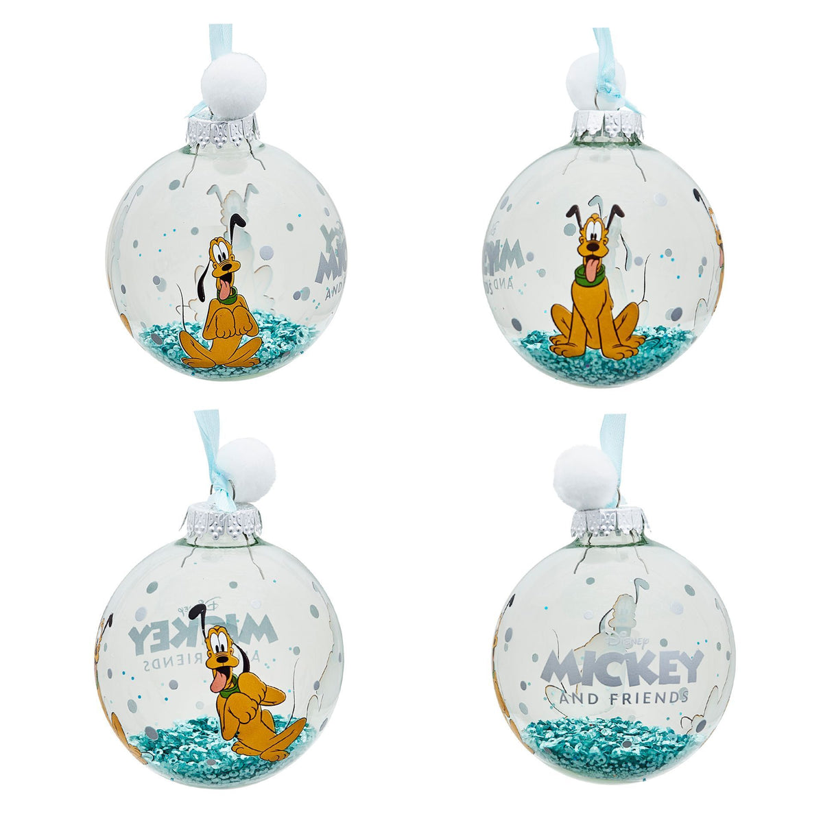 Mickey and Friends character baubles with blue glitter, including Pluto, on ribbon loops