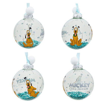 Mickey and Friends character baubles with blue glitter, including Pluto, on ribbon loops