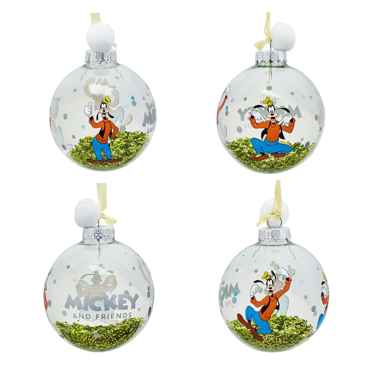 Mickey and Friends character baubles with green glitter and ribbon loops