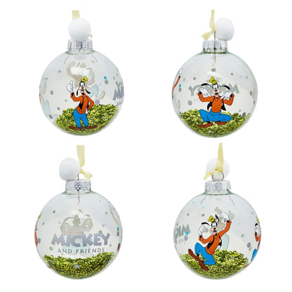 Mickey and Friends character baubles with green glitter and ribbon loops