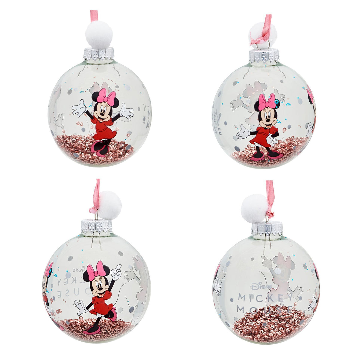 Minnie Mouse character baubles with pink glitter and pink ribbon loops