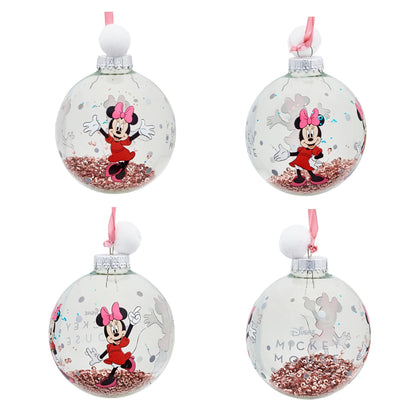 Minnie Mouse character baubles with pink glitter and pink ribbon loops