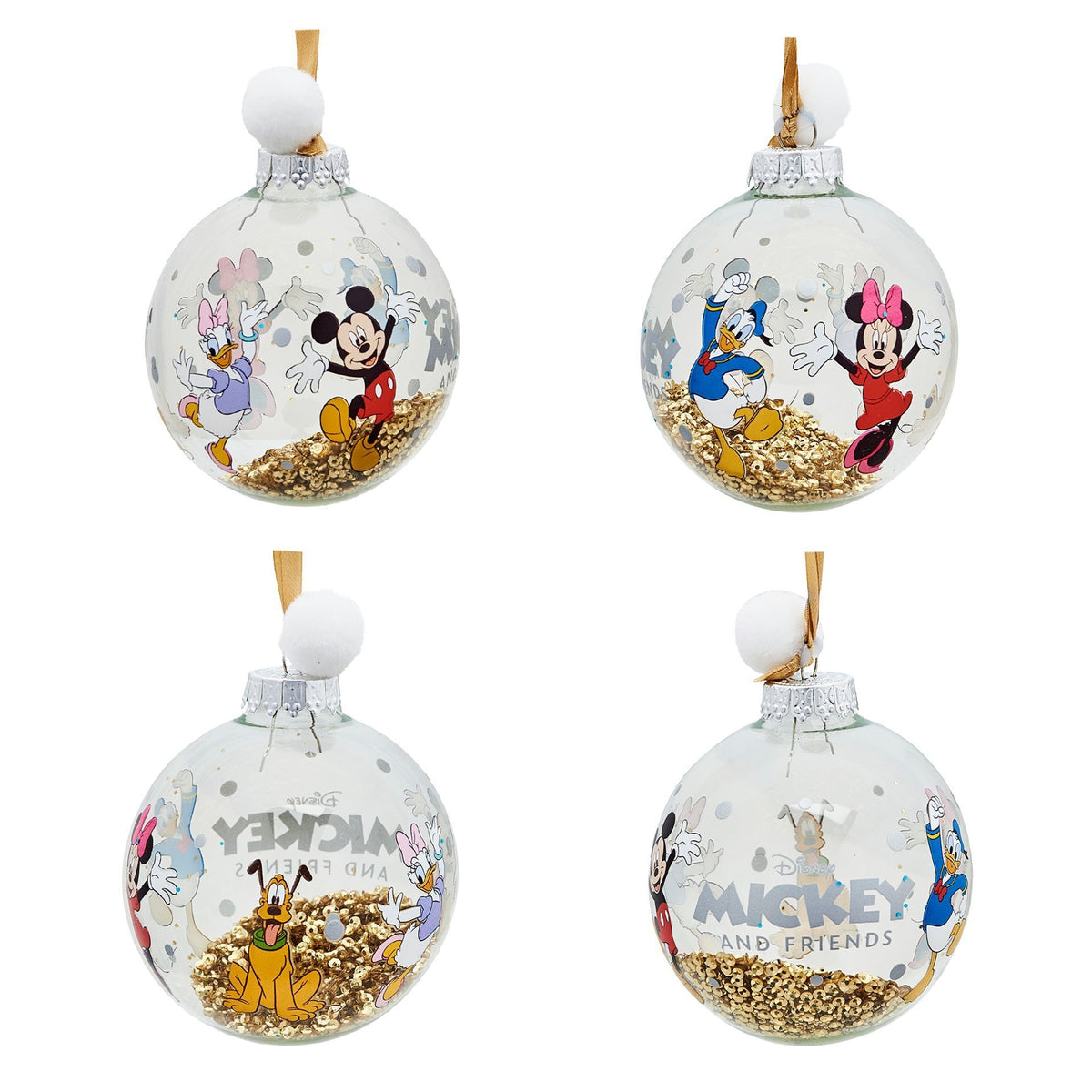 Mickey and Friends character baubles with gold glitter and gold ribbon loops