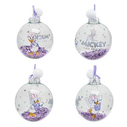 Mickey and Friends character baubles with purple glitter and lavender ribbon loops
