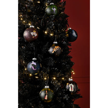 Villain-themed Christmas baubles hanging on a decorated tree with warm lights
