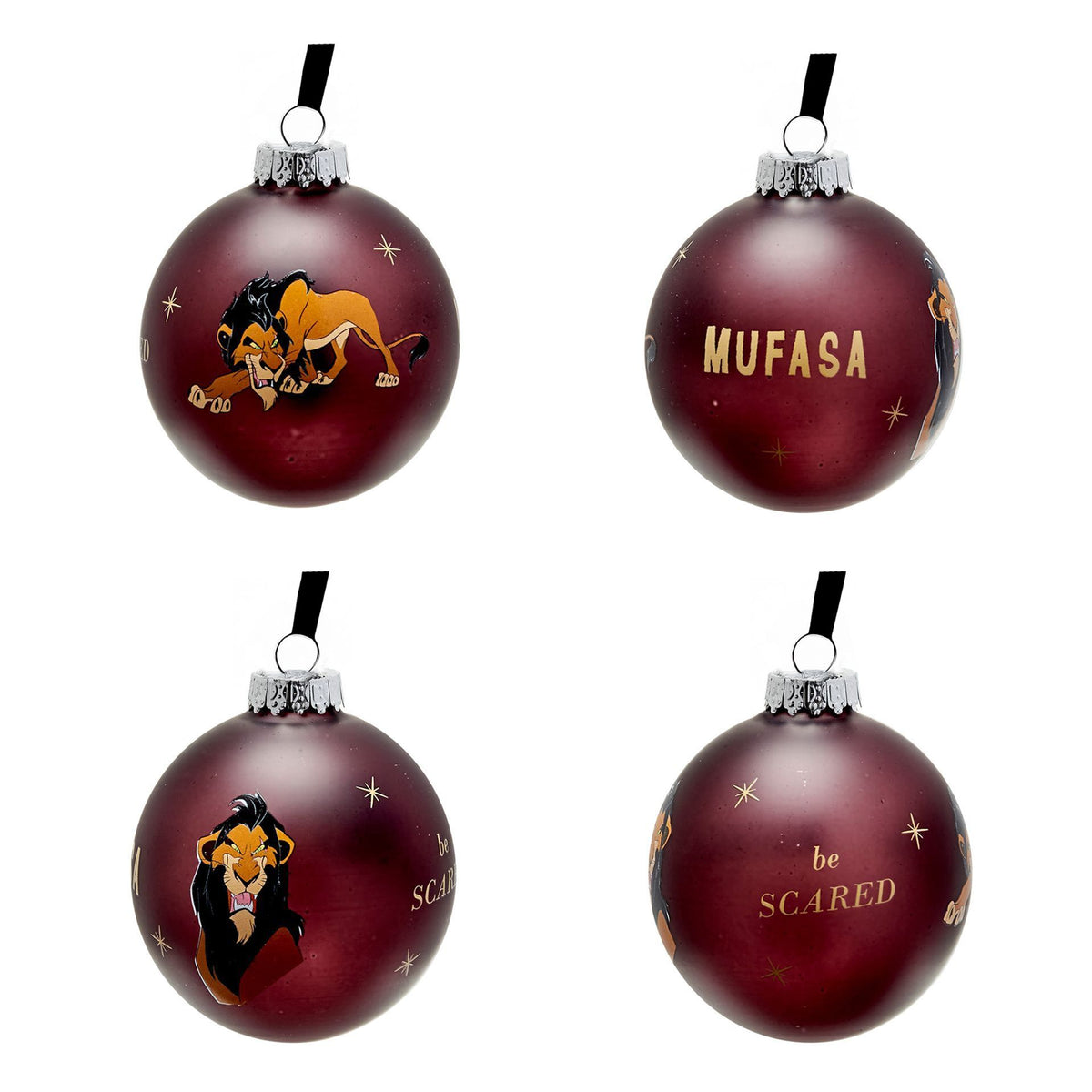 Red-burgundy villain baubles with silver caps, including text “MUFA SA” and “be SCARED”