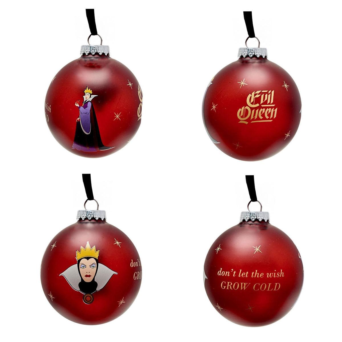 Red villain baubles with silver caps, including “Evil Queen” and “don’t let the wish grow cold”