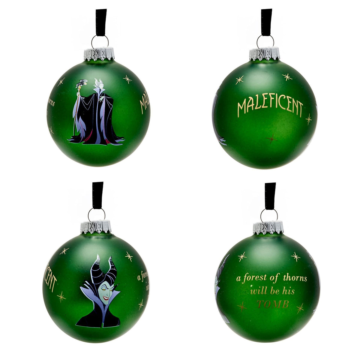 Green villain baubles with silver caps, including “MALEFICENT” and text about thorns