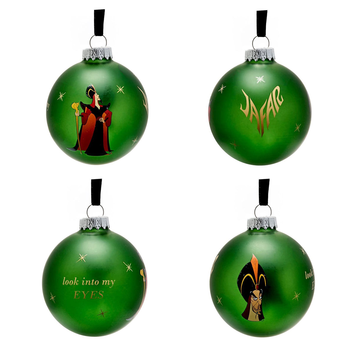 Green villain baubles with silver caps, including “look into my EYES” and “infaMIE”