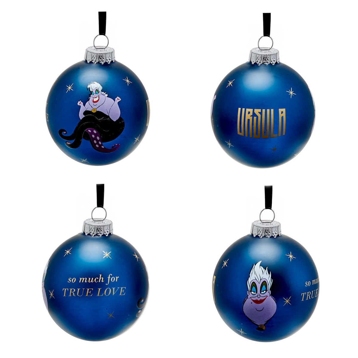 Blue villain baubles with silver caps, including “URSULA” and “so much for TRUE LOVE”