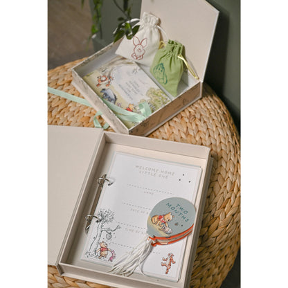 Milestone album and greeting cards in open gift box with “welcome home, little one” card
