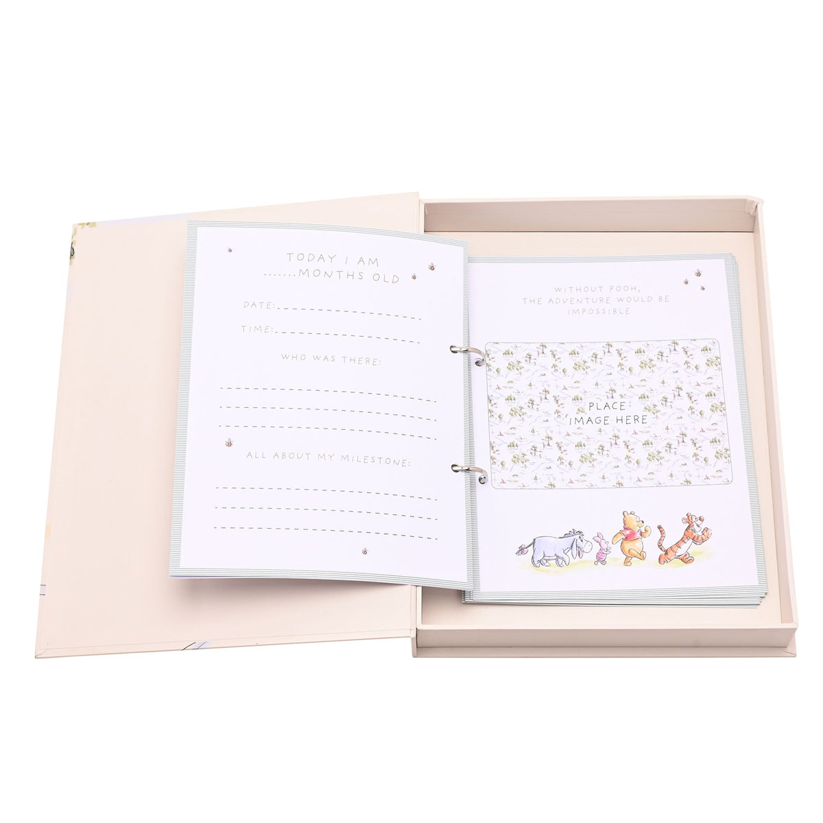 Open milestone album with card pages and “today I am” and “place image here” areas