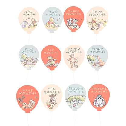 Twelve-month balloon-style stickers for milestones, showing One through Twelve Months
