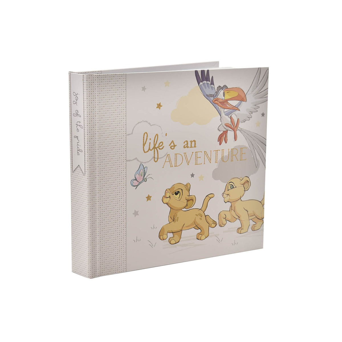 Photo album with Simba lion cubs, stork artwork, and "Life's an Adventure" on cover