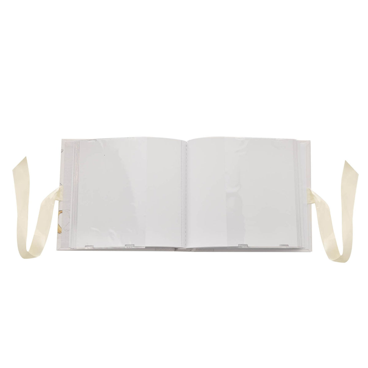 Opened photo album with two blank pages spread and ribbon ties on sides