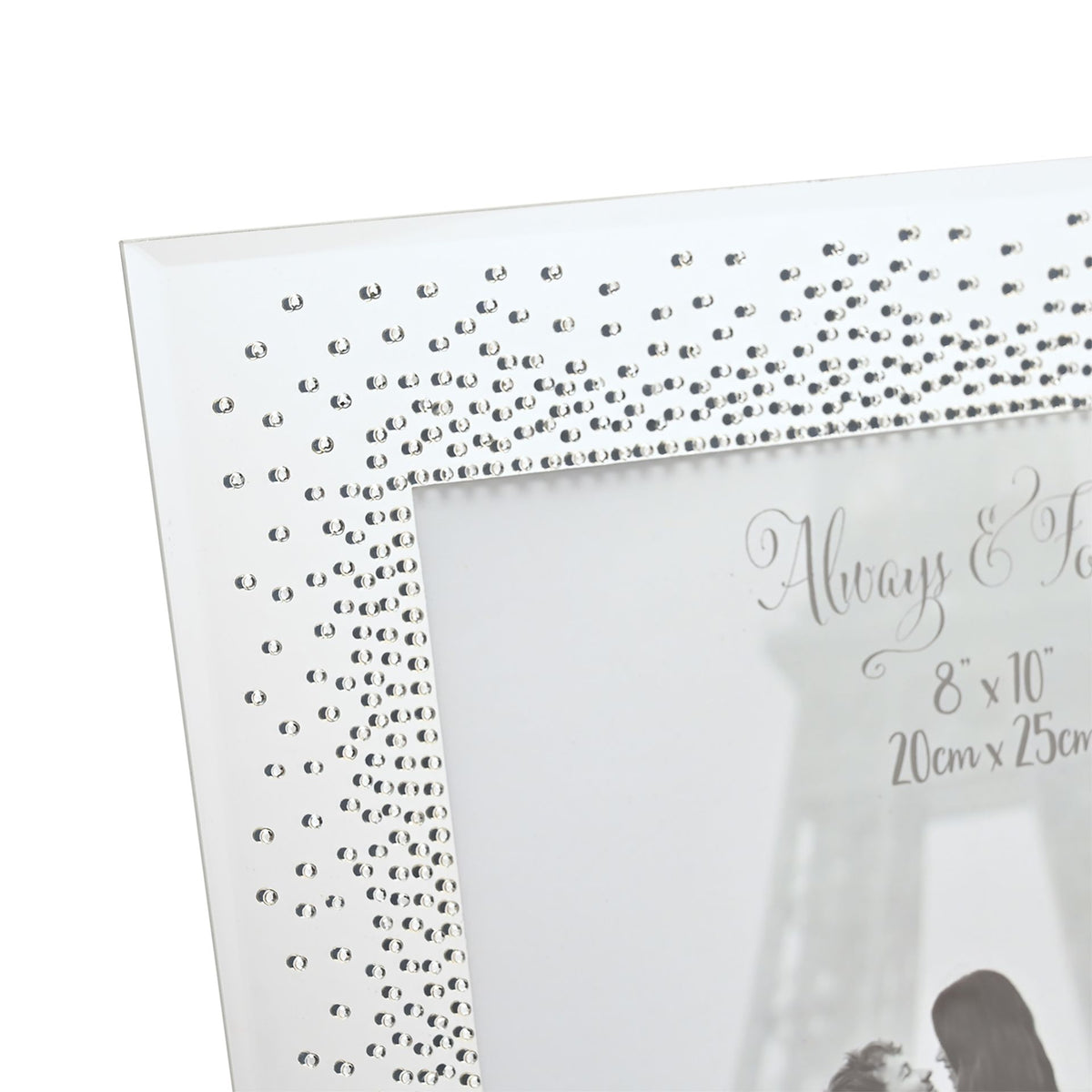 Mirror frame corner with crystal-studded starburst border and 'Always & Forever' text