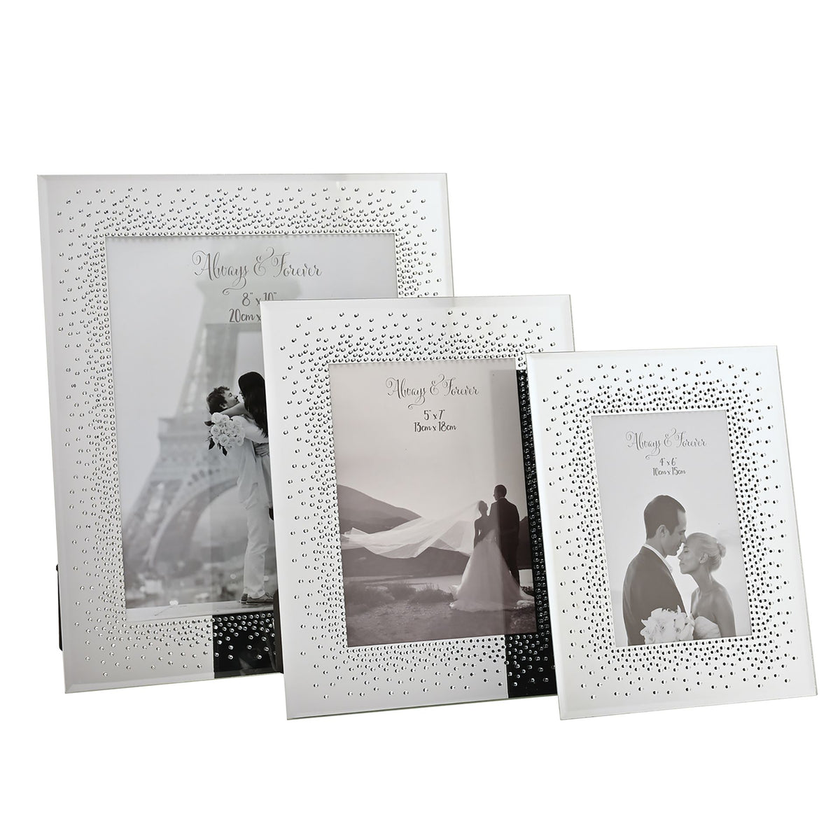 Three wedding photo mirror frames with silver crystal-studded starburst borders