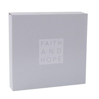 White photo album back with centered “FAITH AND HOPE” text