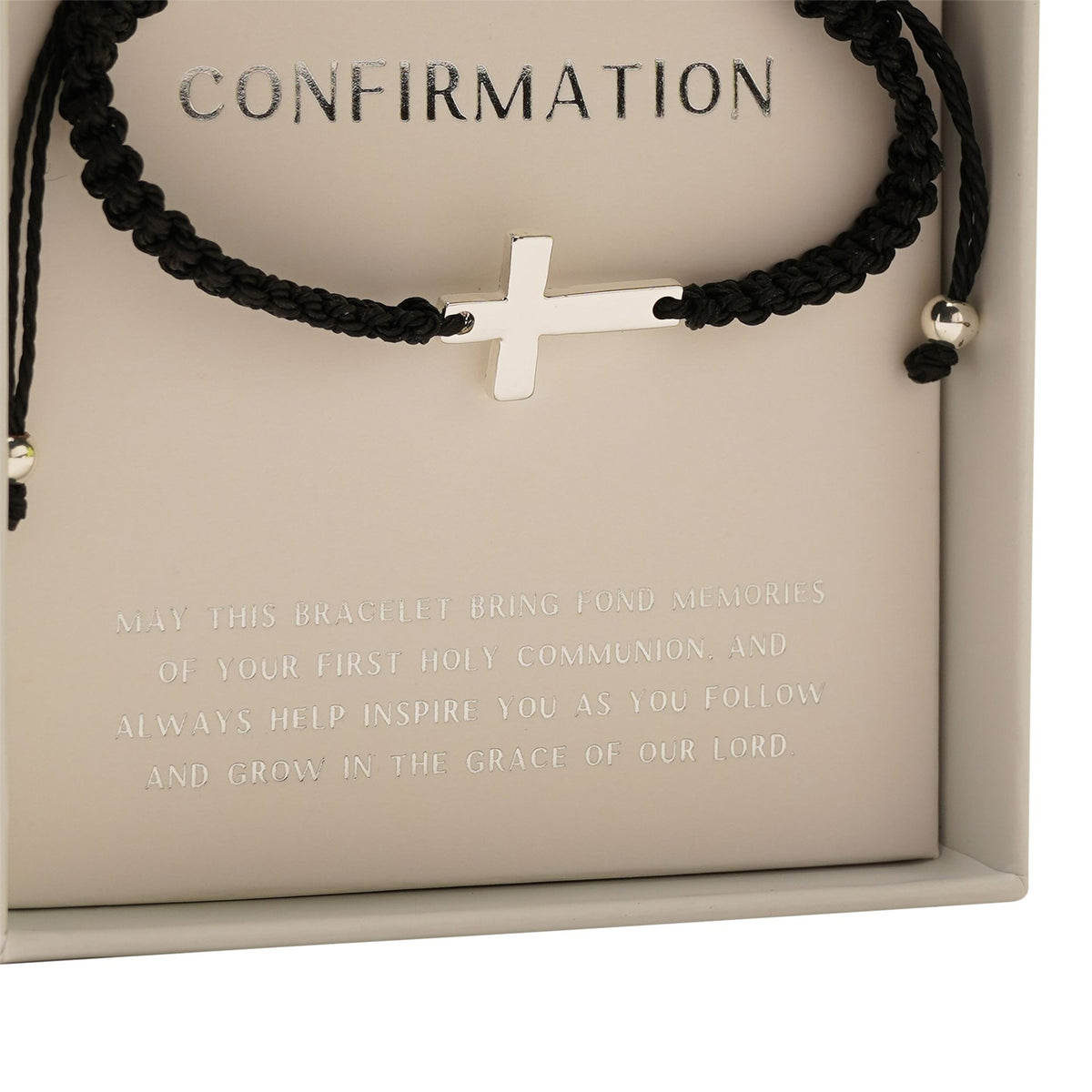 Black rope bracelet with silver cross pendant and small bead accents