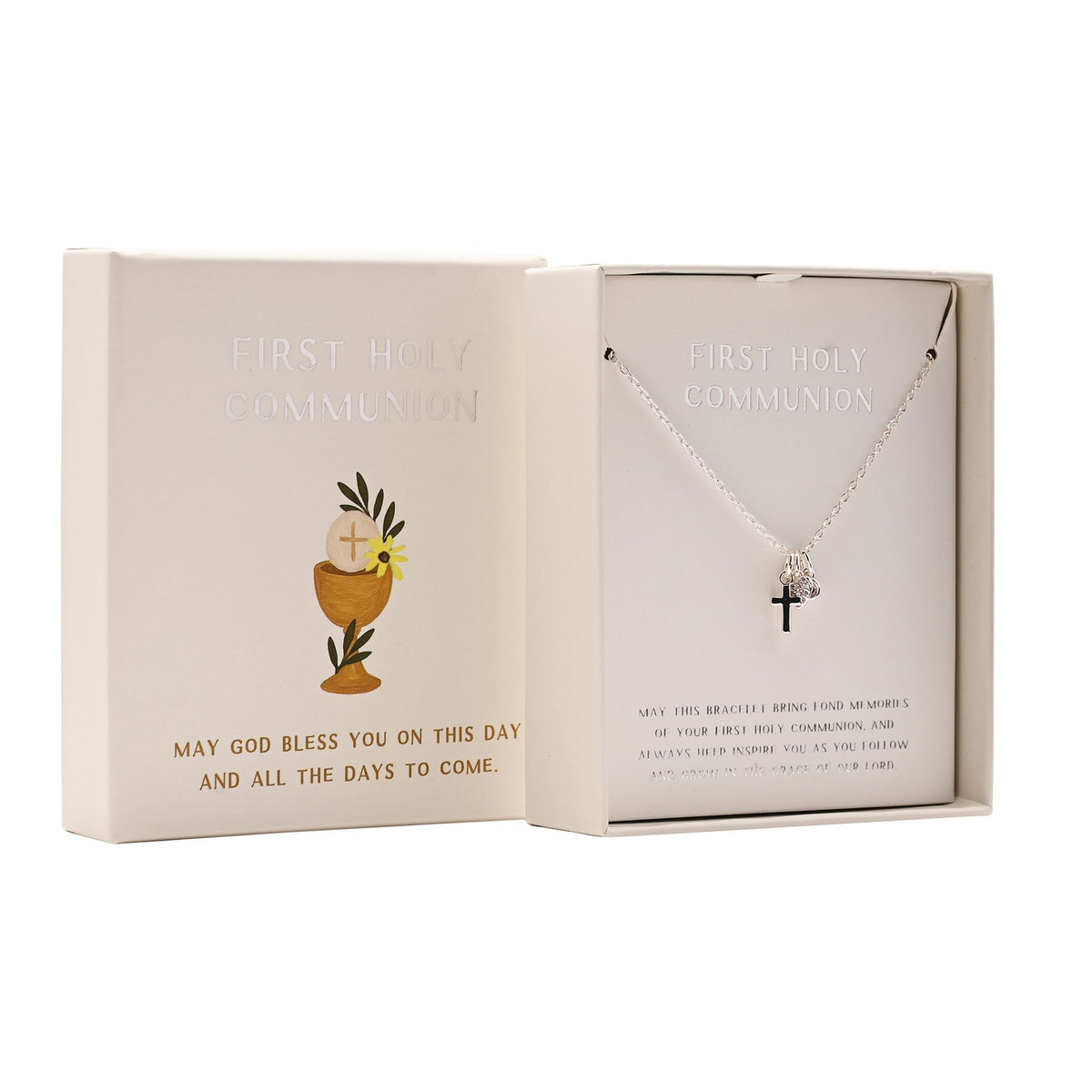 First Holy Communion necklace in gift box with silver chain and cross pendant