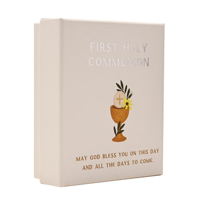 First Holy Communion necklace gift box front with chalice and floral graphic