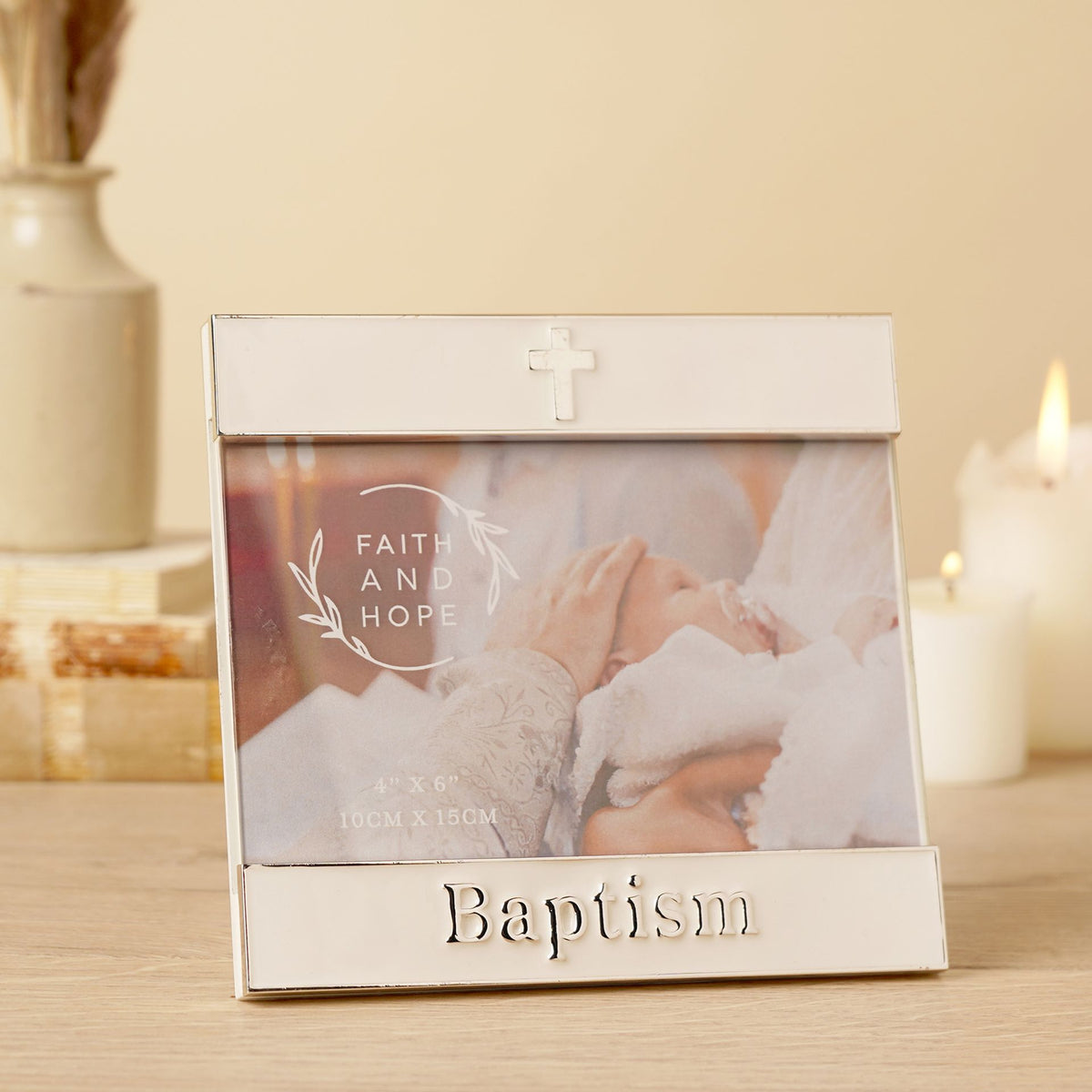 Silver enamel photo frame with Baptism plaque and cross top, featuring Faith and Hope print.