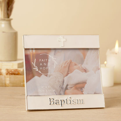 Silver enamel photo frame with Baptism plaque and cross top, featuring Faith and Hope print.