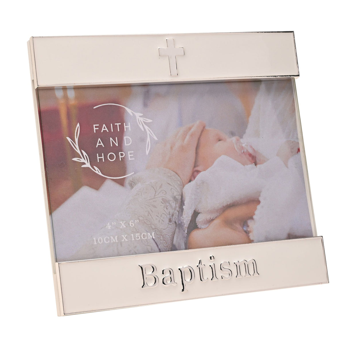 Silver-tone Baptism photo frame with cross and Faith and Hope lettering, front view.