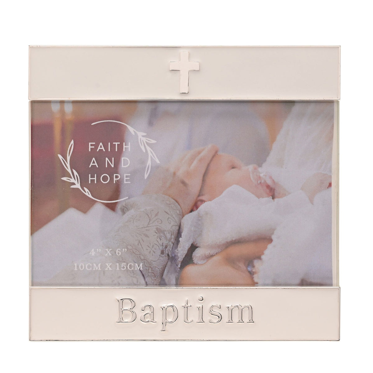 Silver-tone Baptism photo frame with cross emblem and Faith and Hope panel, centered view.