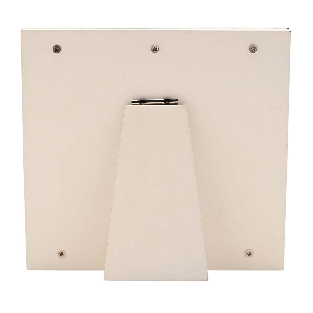 Back of silver-tone Baptism photo frame with wall-mount clip and four screws.