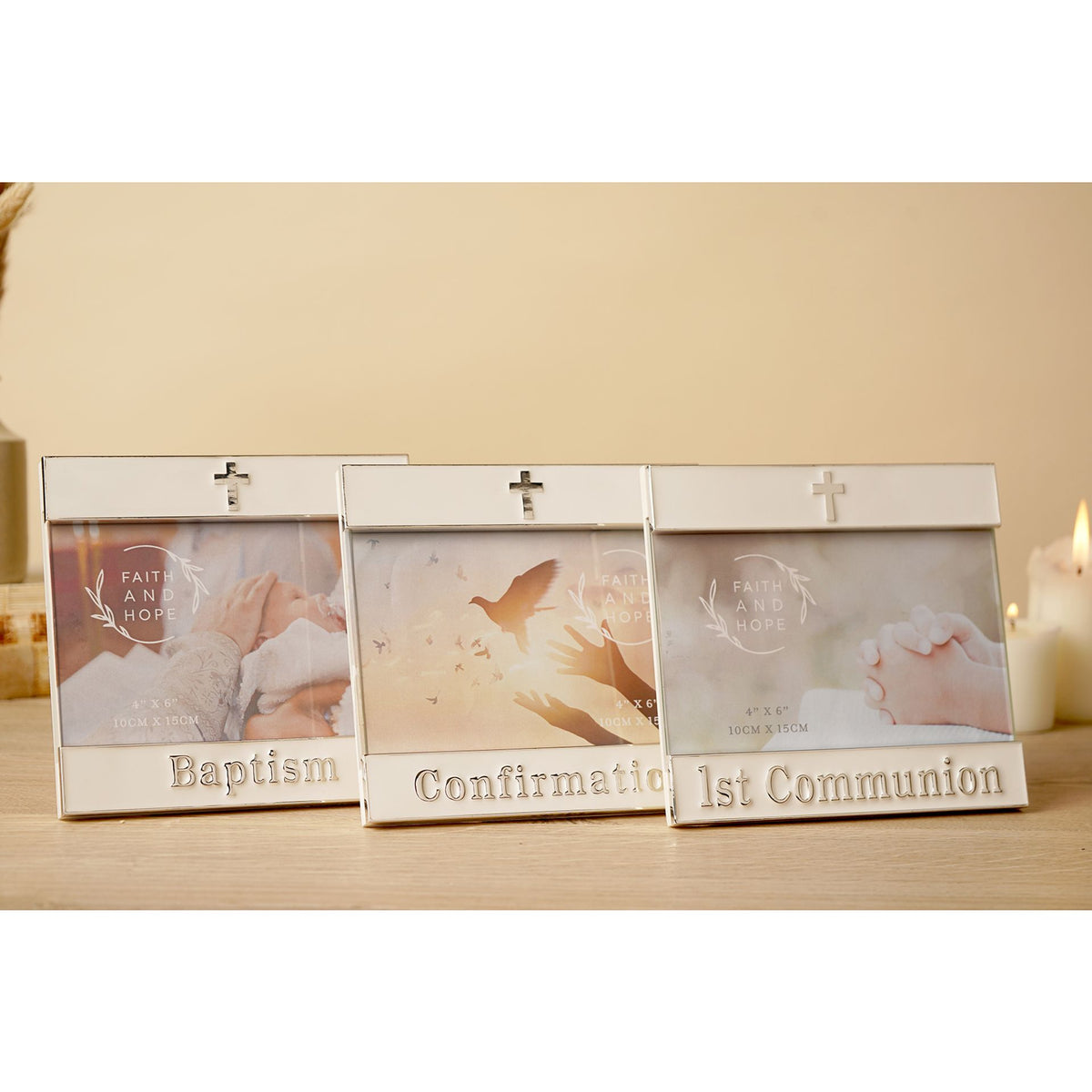 Religious photo frame set with Baptism, Confirmation, and 1st Communion frames in a row.