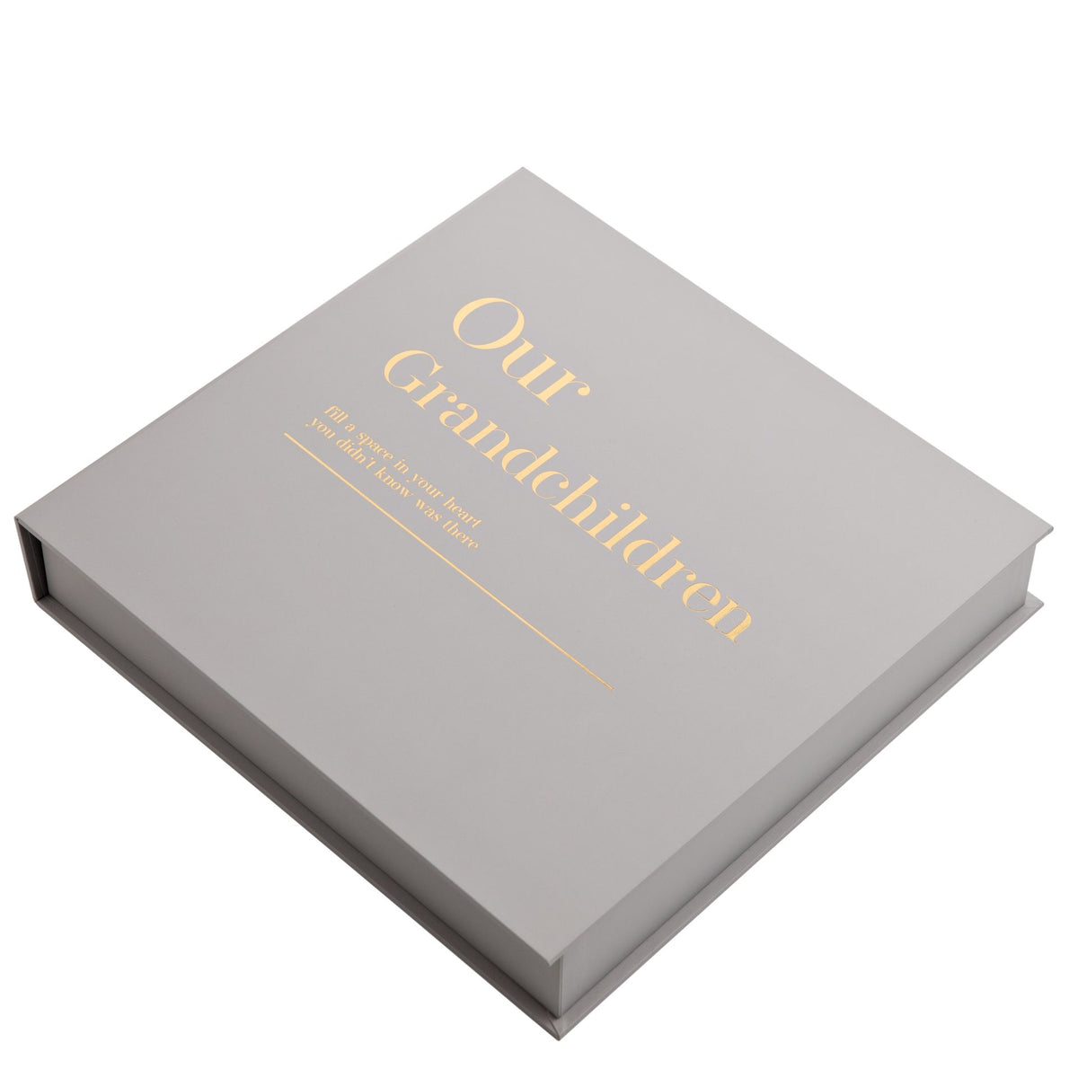Gray scrapbook album top view with gold 'Our Grandchildren' text and divider line