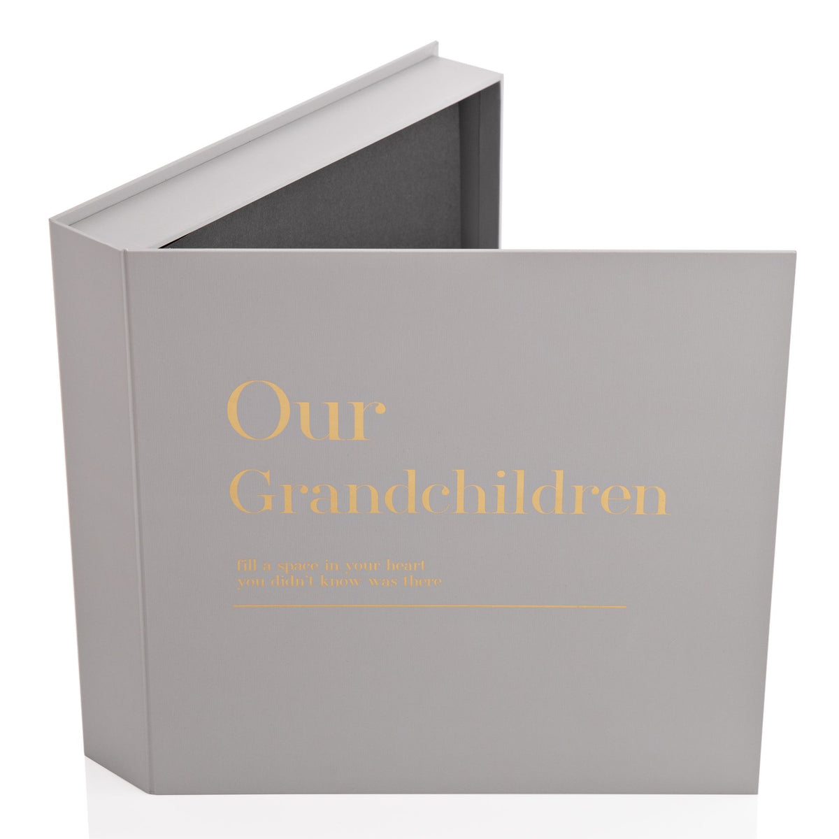 Gray scrapbook album cover with gold 'Our Grandchildren' title and open top edge