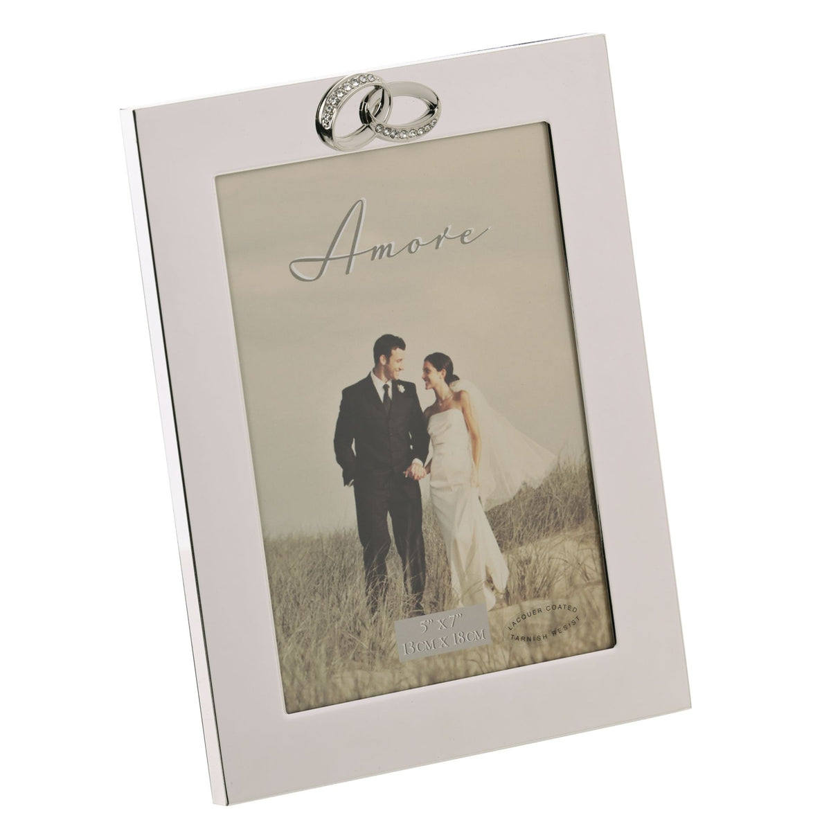 Silver photo frame with two ring charms and crystal detailing, 5x7 portrait