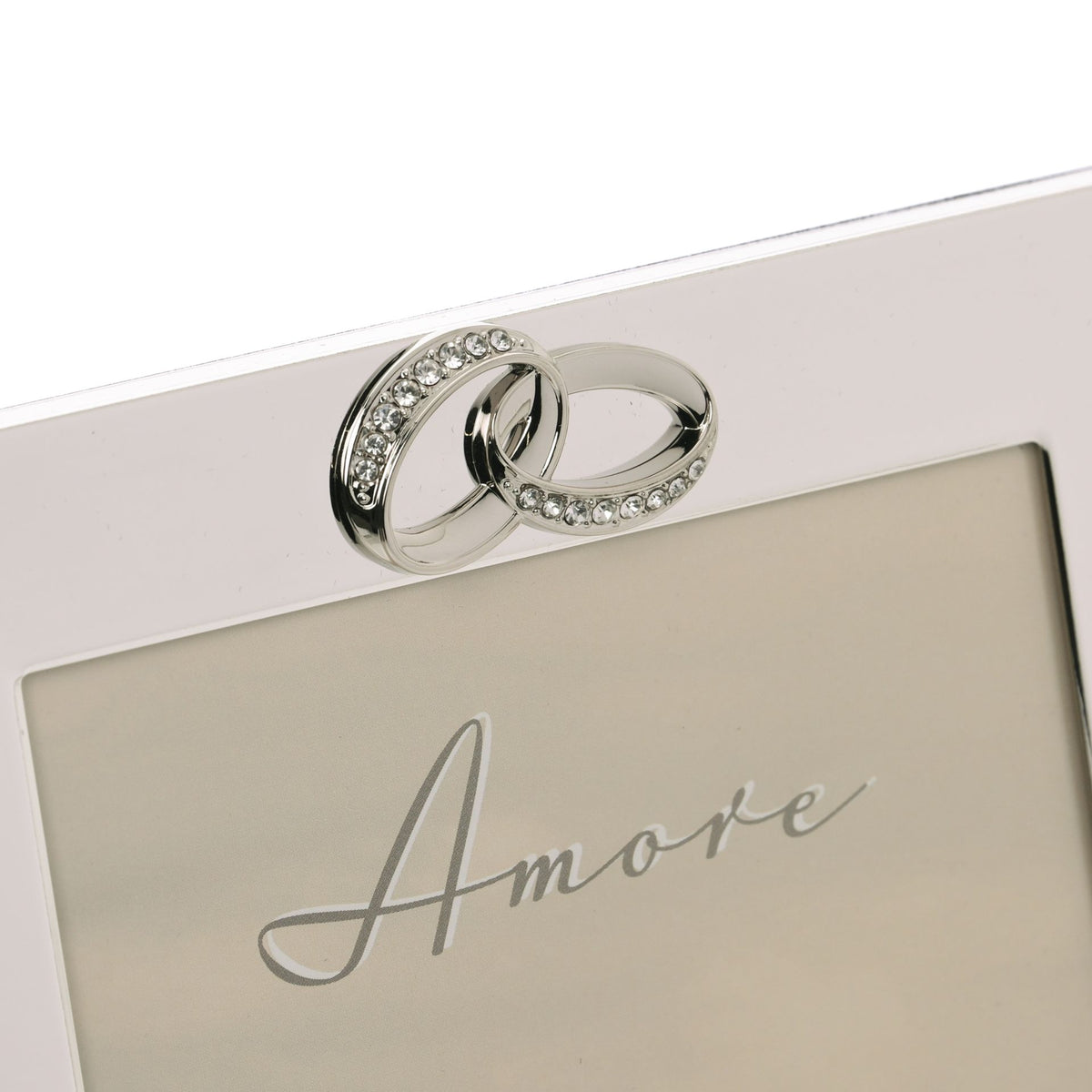 Silver frame top detail with crystal halo ring and interlocking bands