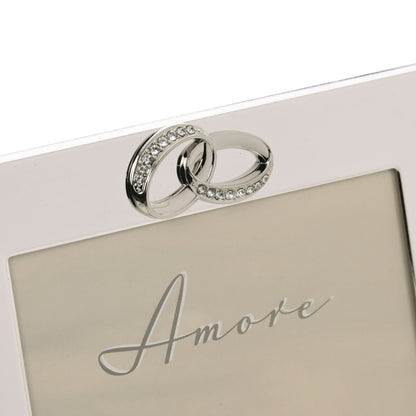 Silver frame top detail with crystal halo ring and interlocking bands