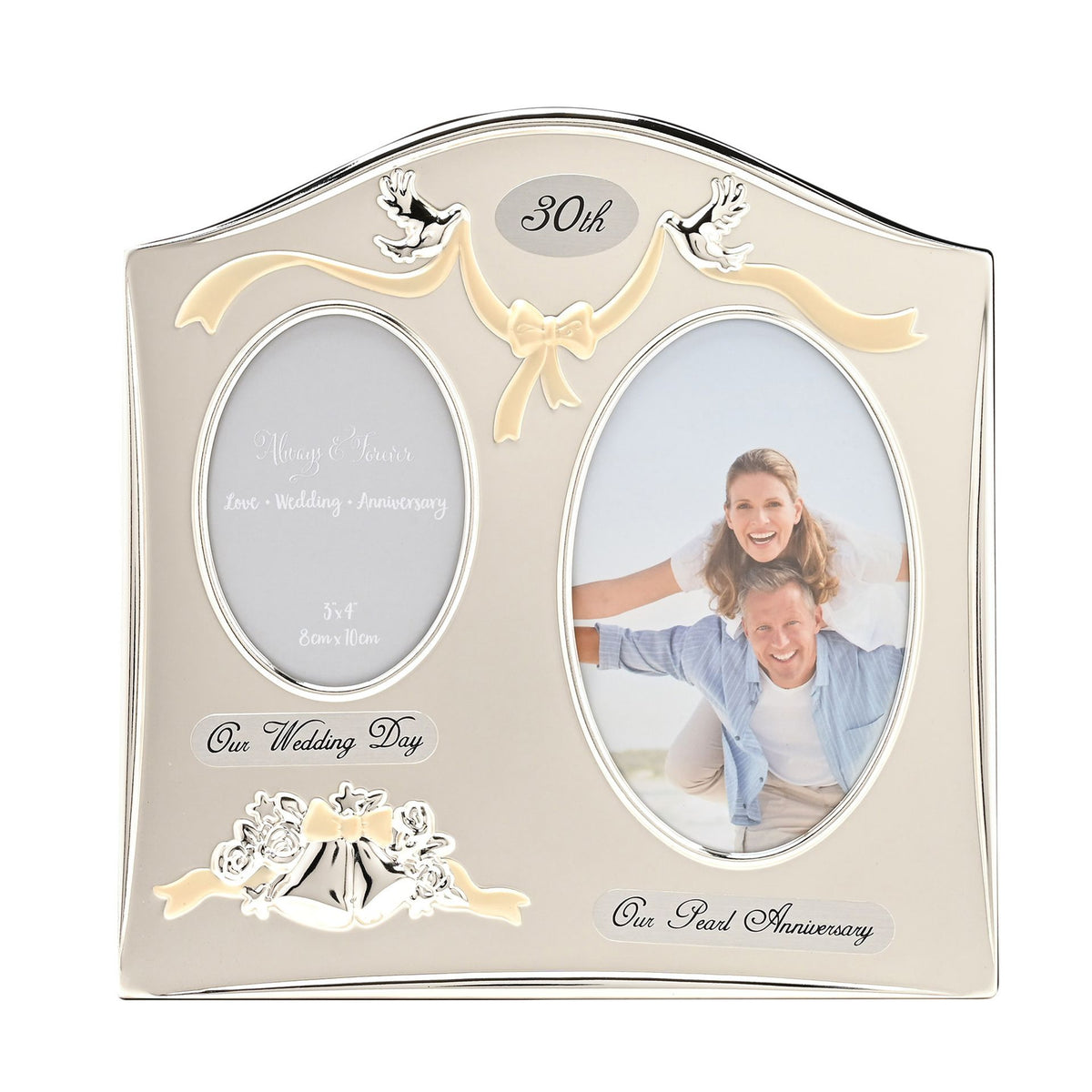 Two-tone silver and gold photo frame with oval photo opening for 30th anniversary