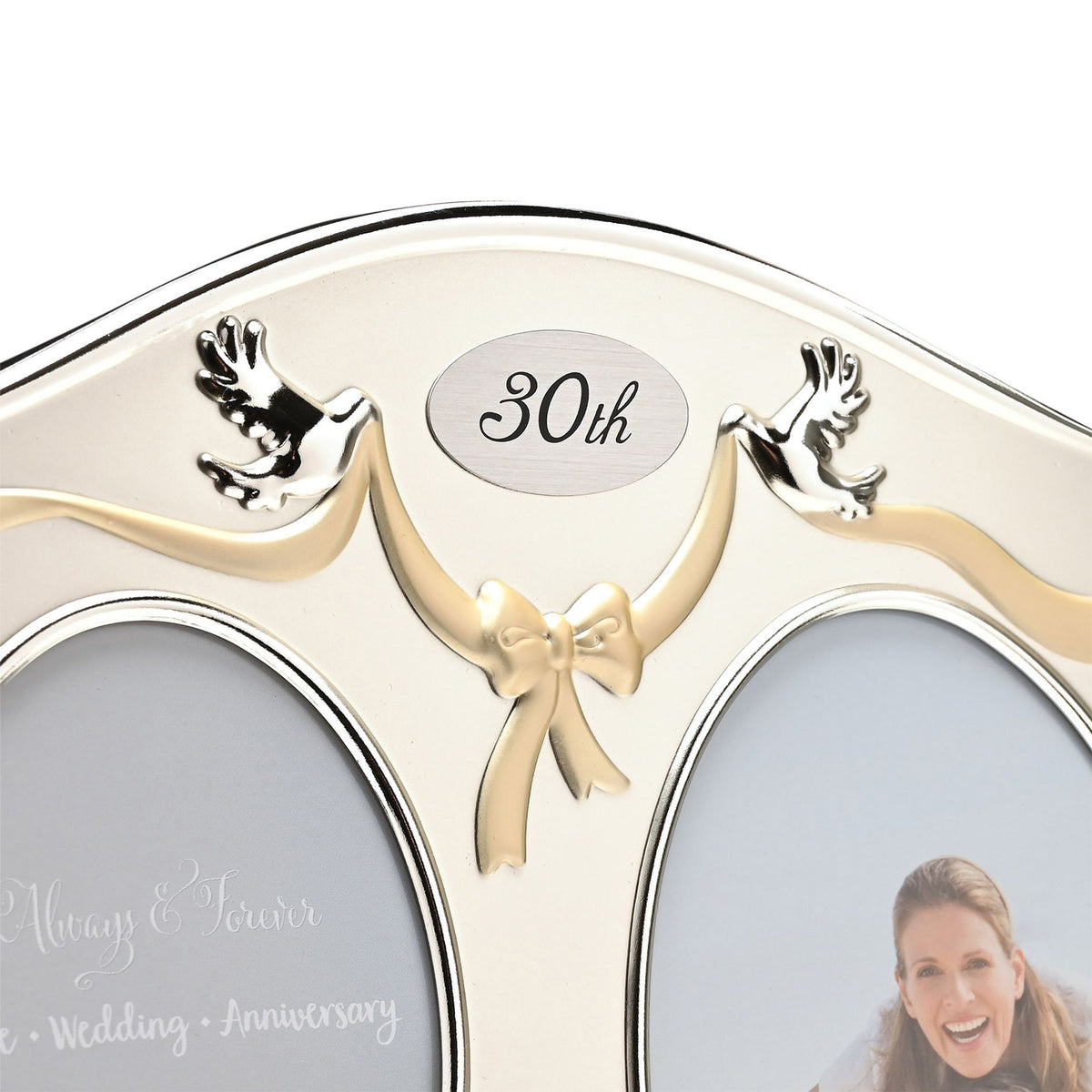 Two-tone photo frame top with '30th' plaque, angel bow and bird motifs