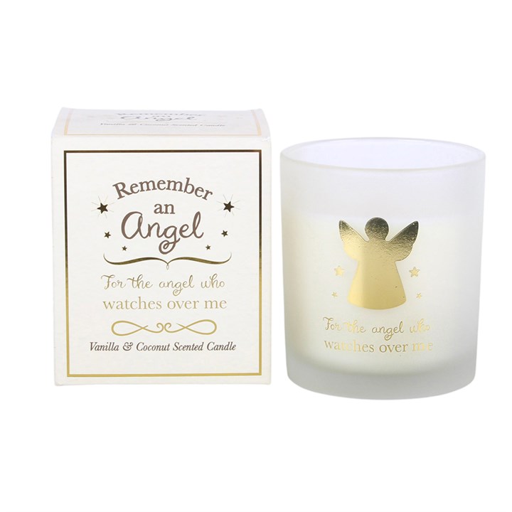 Vanilla & coconut scented candle with white glass and gold angel design, with box